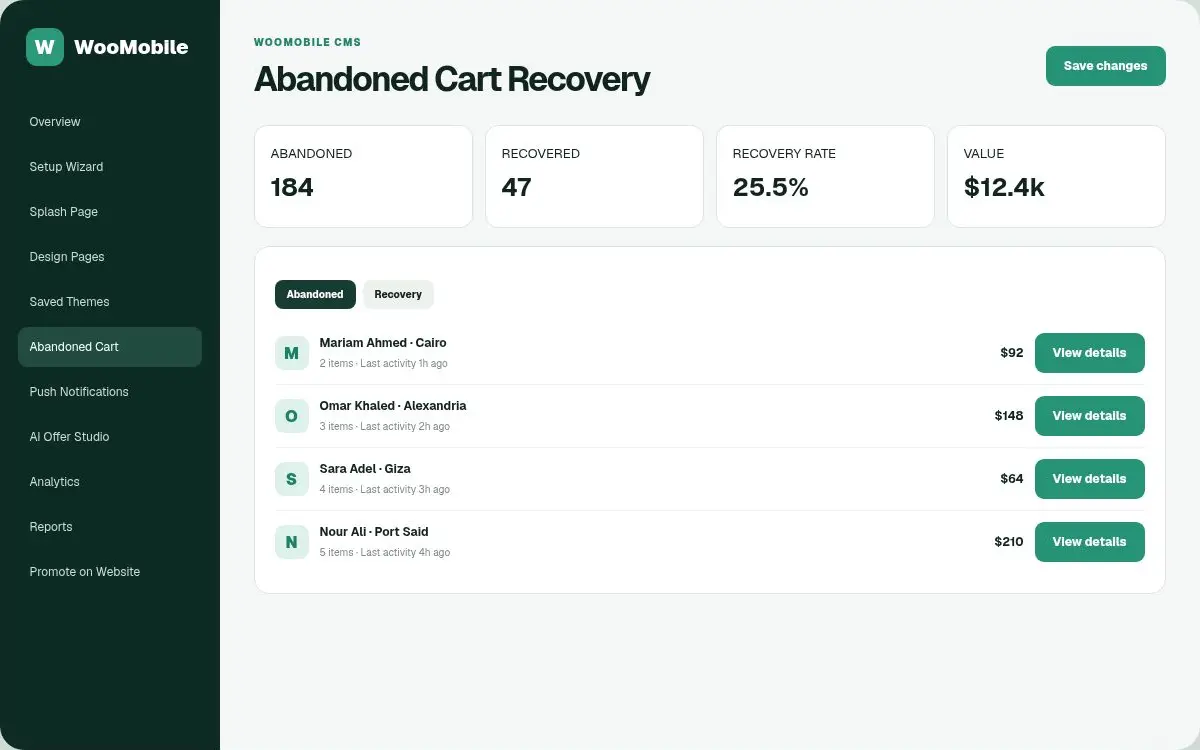 WooMobile abandoned cart recovery