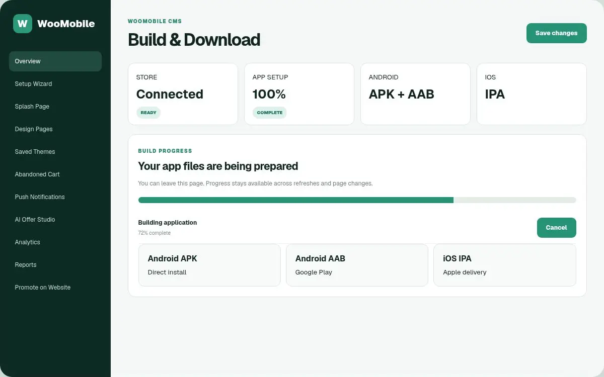WooMobile Android and iOS build dashboard