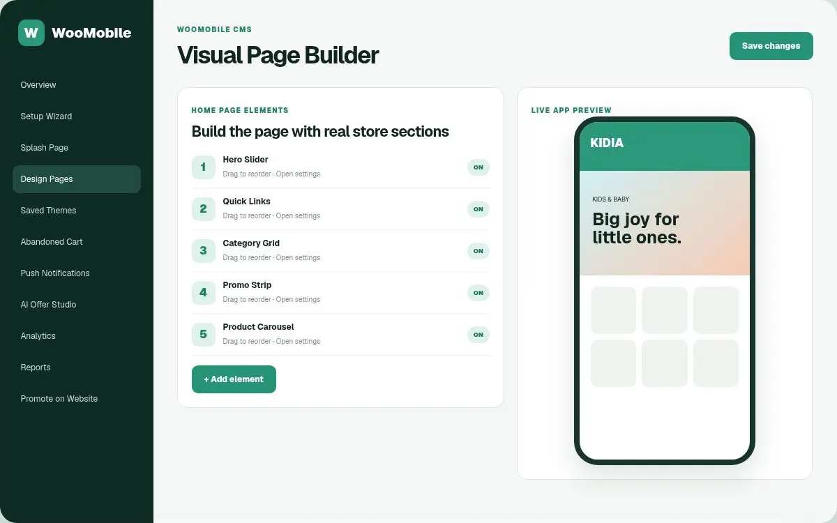 WooMobile visual page builder with live phone preview